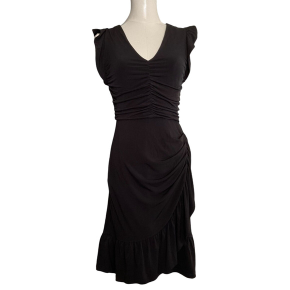 Michael Kors XS Black Dress Ruched Bodice Flutter Sleeves Ruffled Hem Cocktail - Picture 1 of 11
